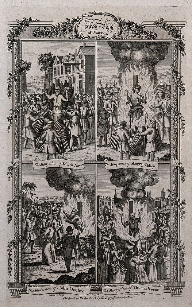 Above, two martyrs, Dirick Carver and Margery Polley are burnt at the stake: below, two martyrs, John Denley and Thomas…