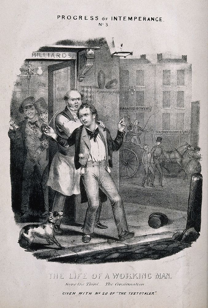 A drunken employee is thrown out on the street by his master. Lithograph, c. 1840, after T. Wilson.