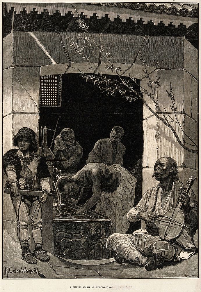 A public bath-house at Dulcigno. Wood engraving by E. Froment after R.C. Woodville.