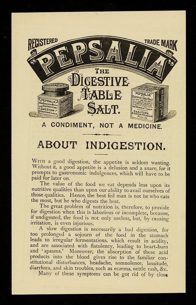 "Pepsalia" : the digestive table salt : a condiment, not a medicine : about indigestion / G. & G. Stern.