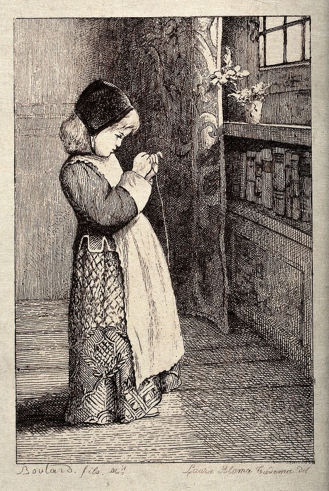 A little girl in Elizabethan costume stands in a room trying to thread a needle. Etching by A. Boulard the younger after…