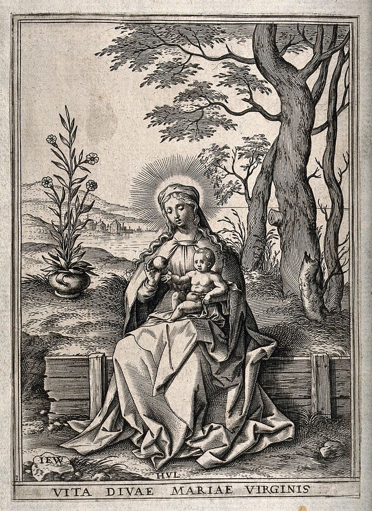 Saint Mary (the Blessed Virgin) with the Christ Child. Engraving by Jeronimus Wierix.
