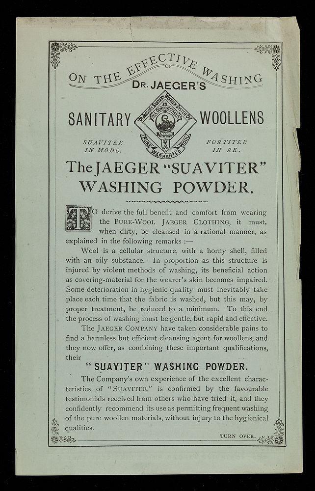 On the effective washing of Dr. Jaeger's sanitary woollens : the Jaeger "Suaviter" washing powder / Dr. Jaeger's Sanitary…