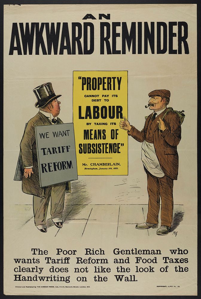 A rich man and a workman arguing about the budget introduced by the Liberal Government in the United Kingdom. Colour…