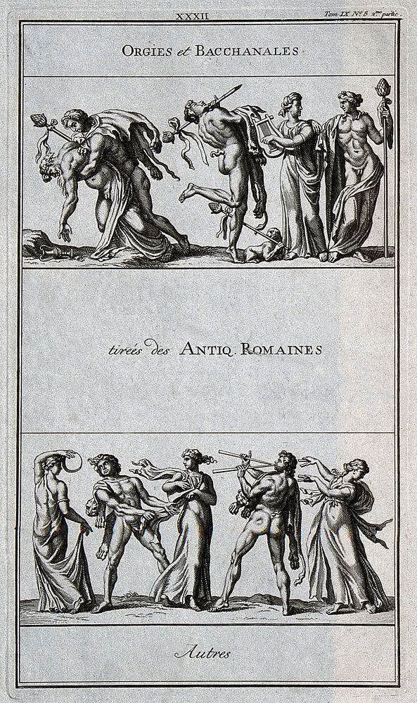The orgies and wild dances of the ancient Romans. Engraving.