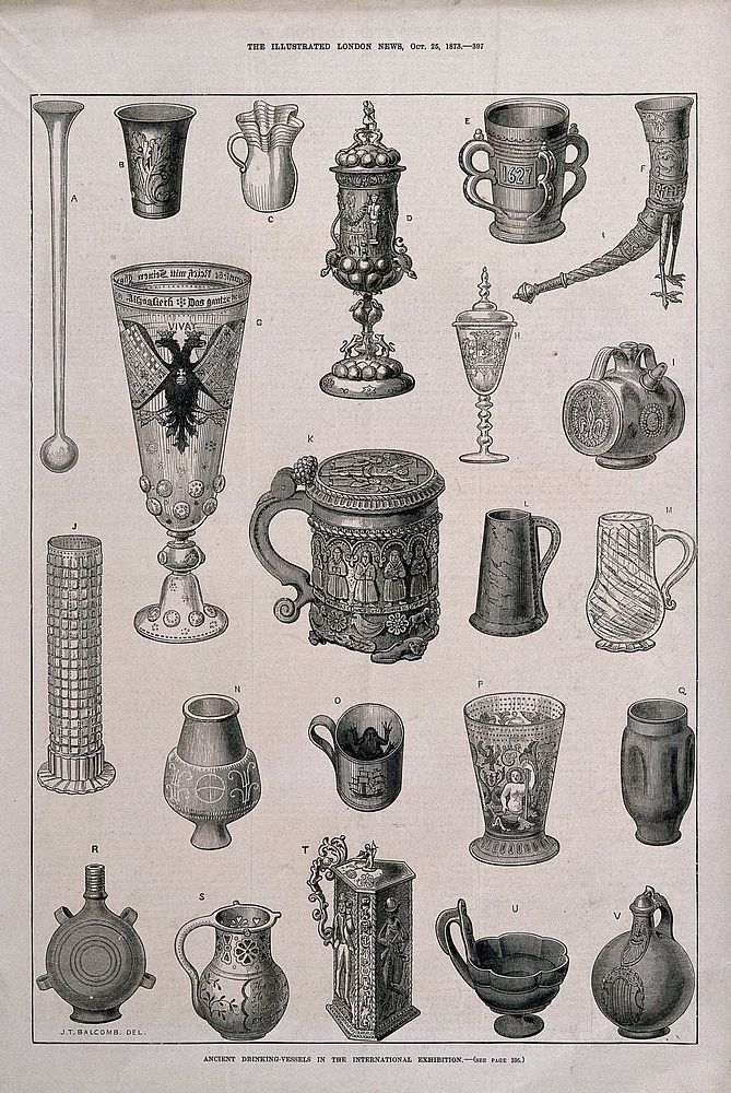 Twenty two ancient drinking vessels from an exhibition. Wood-engraving, c. 1873, after J. T. Balcomb.