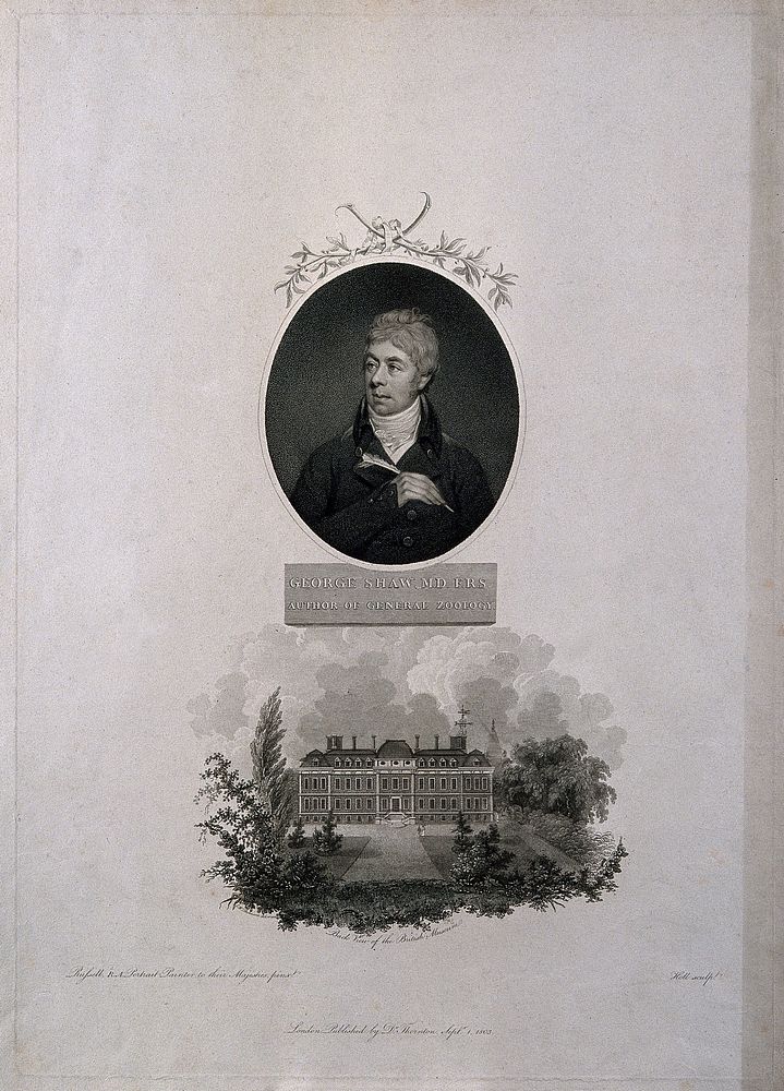 George Shaw: portrait and view of the British Museum. Stipple engraving by W. Holl, 1803, after J. Russell and by E.W.…