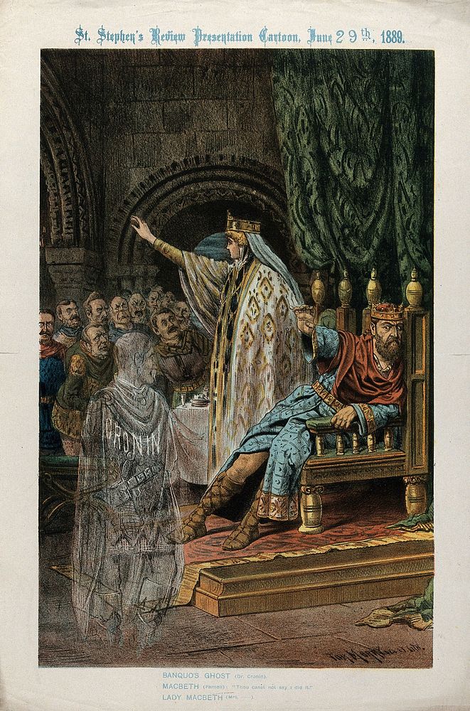 C.S. Parnell as Macbeth and Dr. Cronin as Banquo's ghost. Colour lithograph by Tom Merry, 1889.