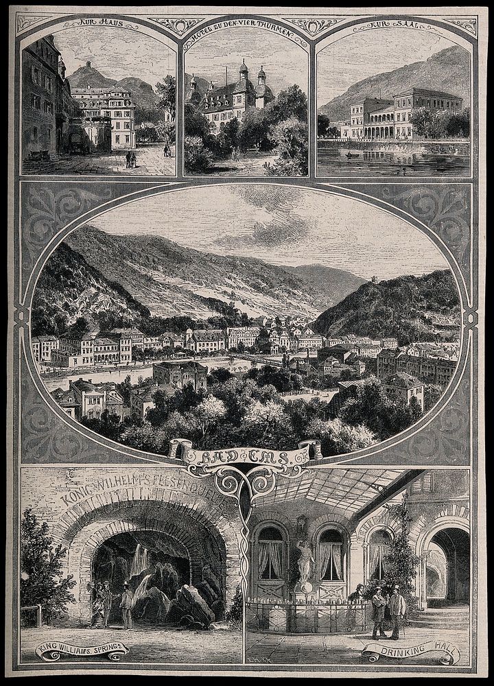 Bad Ems, Germany, with five smaller sketches of the town. Wood engraving by "EH.XA.", after 1872.