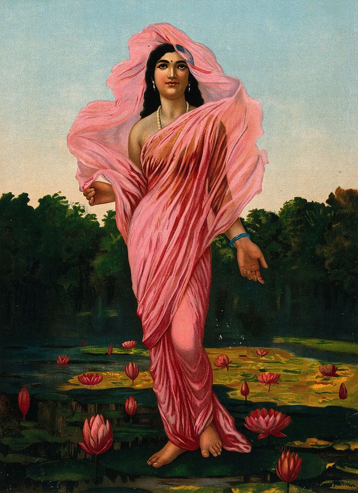 Padmini, the Lotus lady: an excellent category of woman according to the Kama Sutra. Chromolithograph by R. Varma.