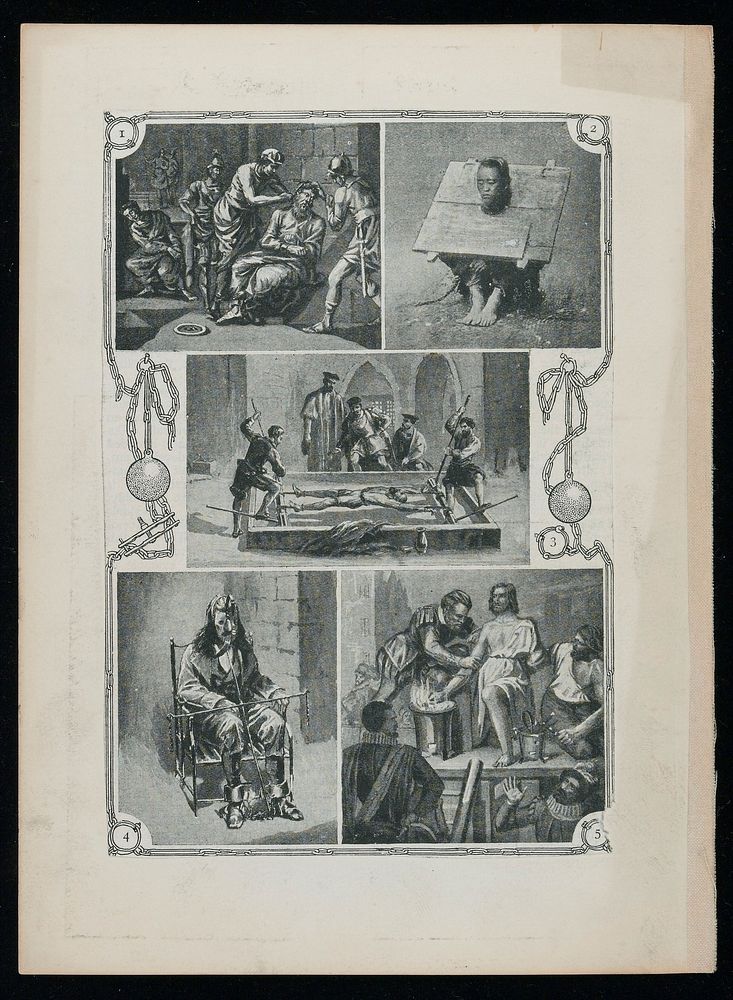 Methods of torture through the ages: including a rack, the man in the iron mask and Roman and Tudor punishments. Halftone.