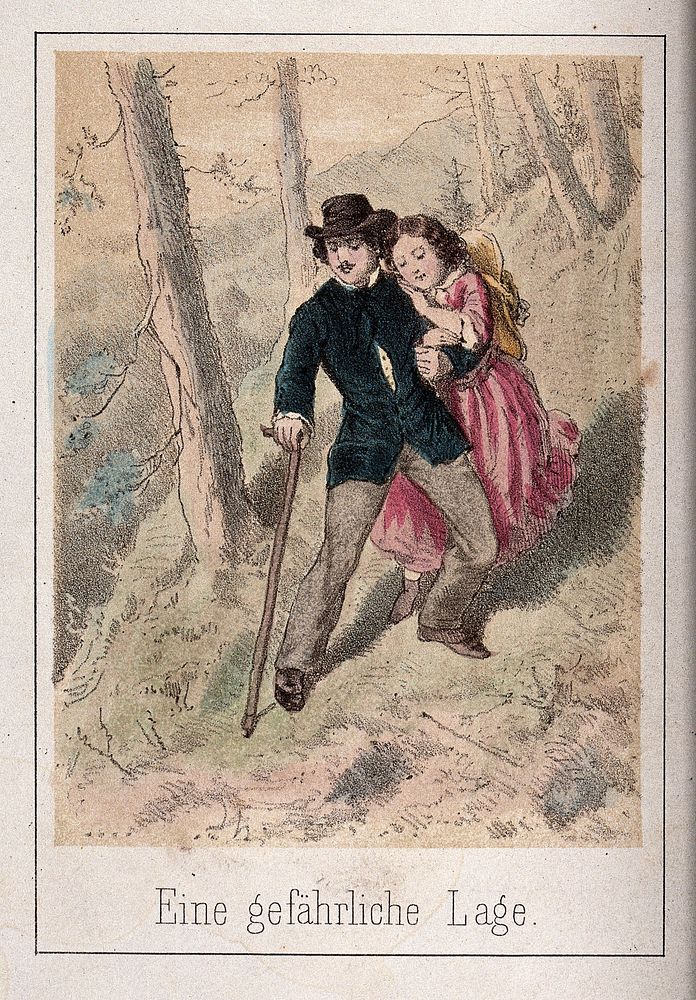 A young man helps a girl down a steep slope. Coloured lithograph.
