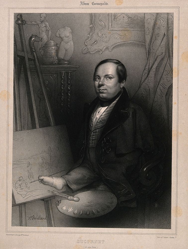 Louis-César-Joseph Ducornet, an artist born without arms. Lithograph by H. Robillard.