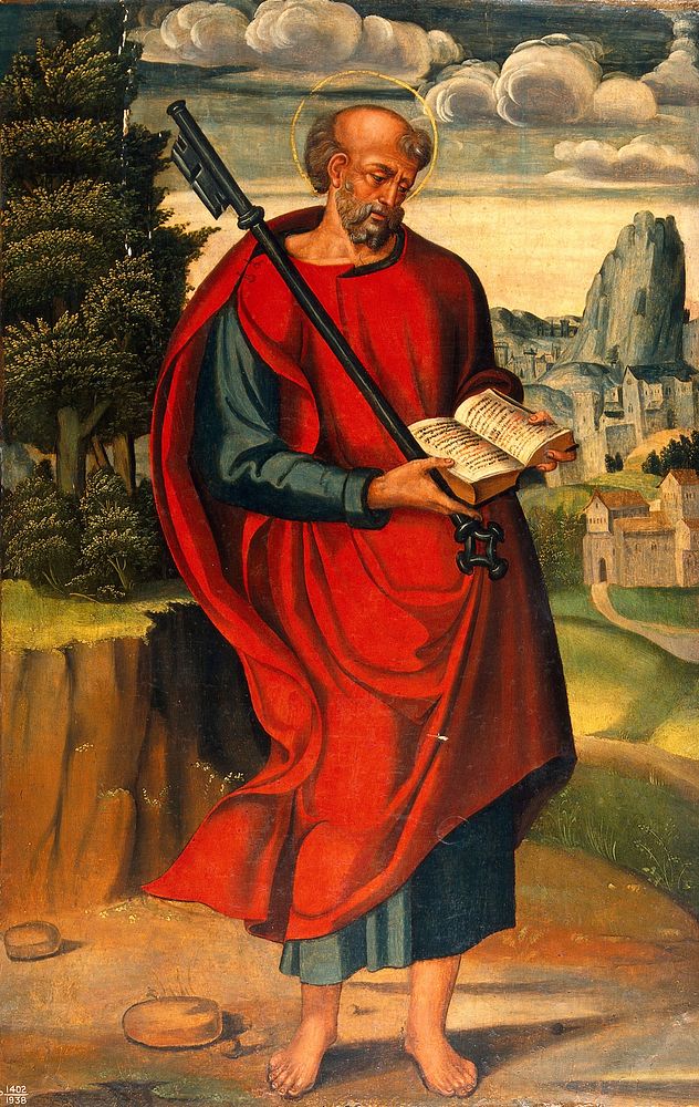 Saint Peter in a landscape. Oil painting by follower of Raffaellino del Colle.