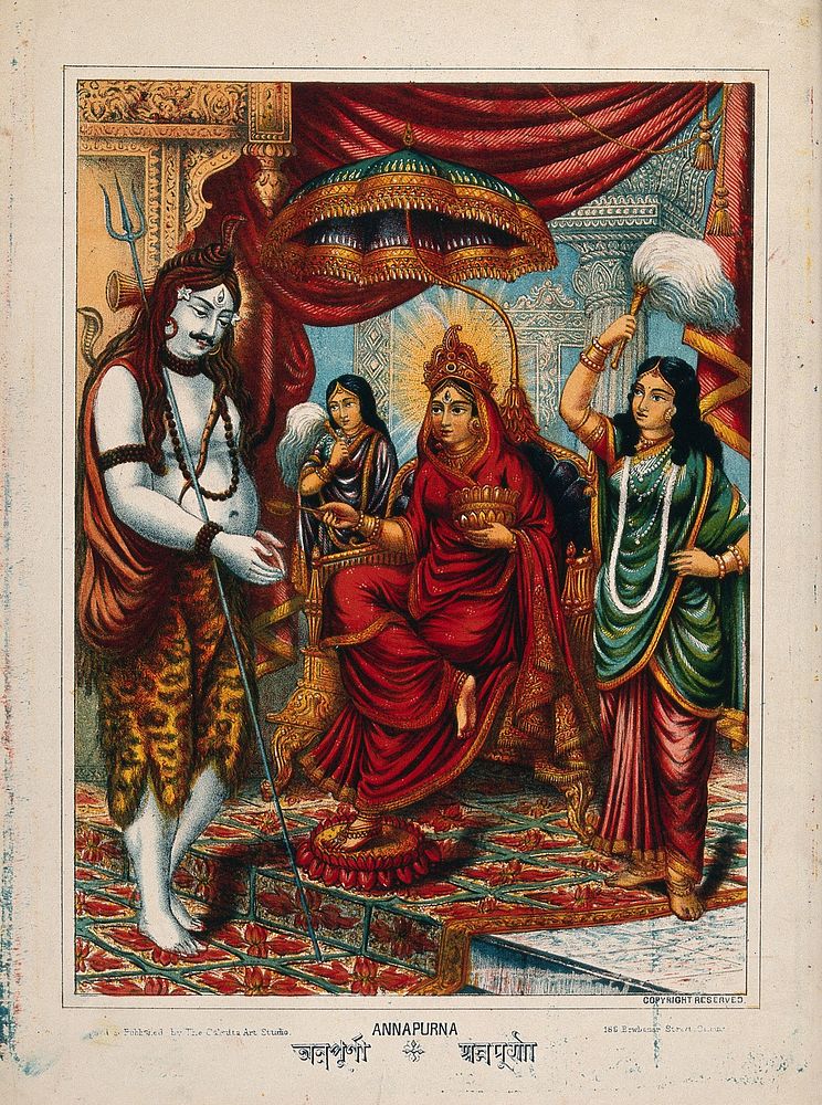 Shiva begging from Annapurna. Chromolithograph.