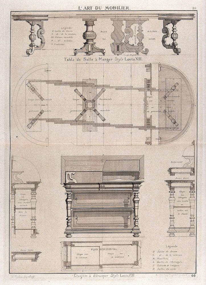 Cabinet-making: designs for a extending table. Etching by J. Verchère after himself, 1880.