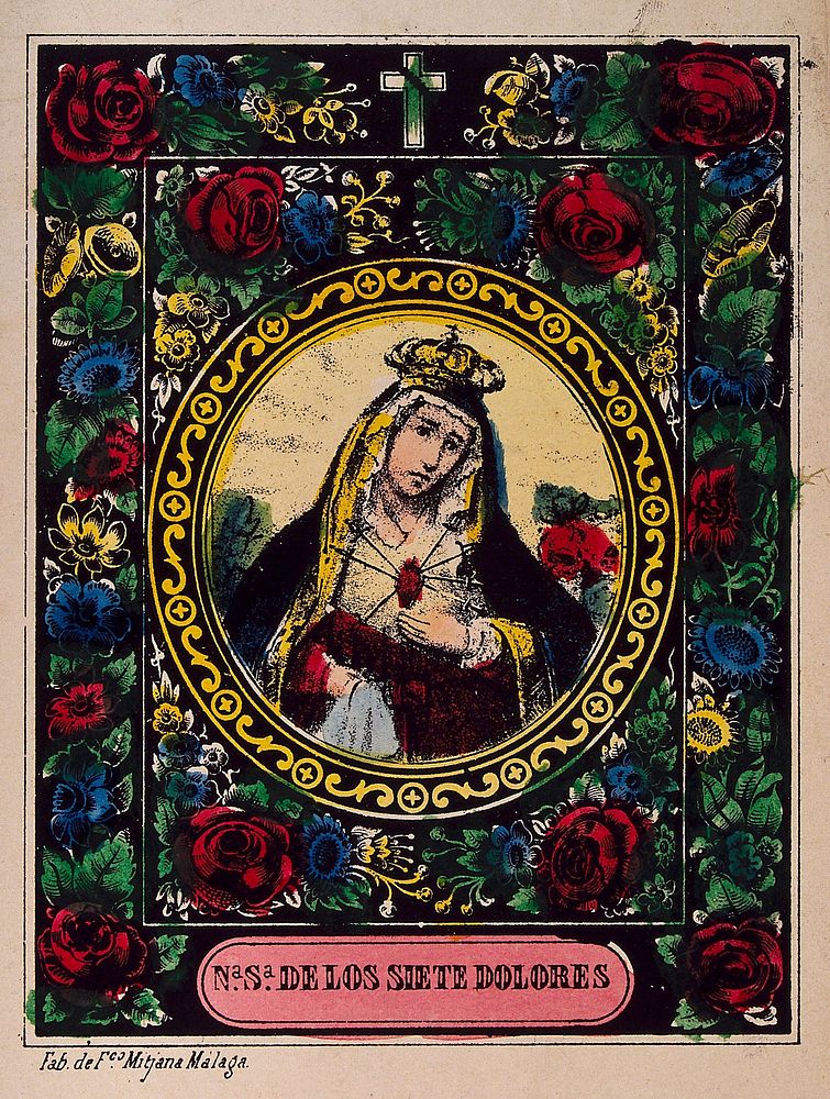 Saint Mary (the Blessed Virgin) as Virgin of the Seven Sorrows. Coloured line block.