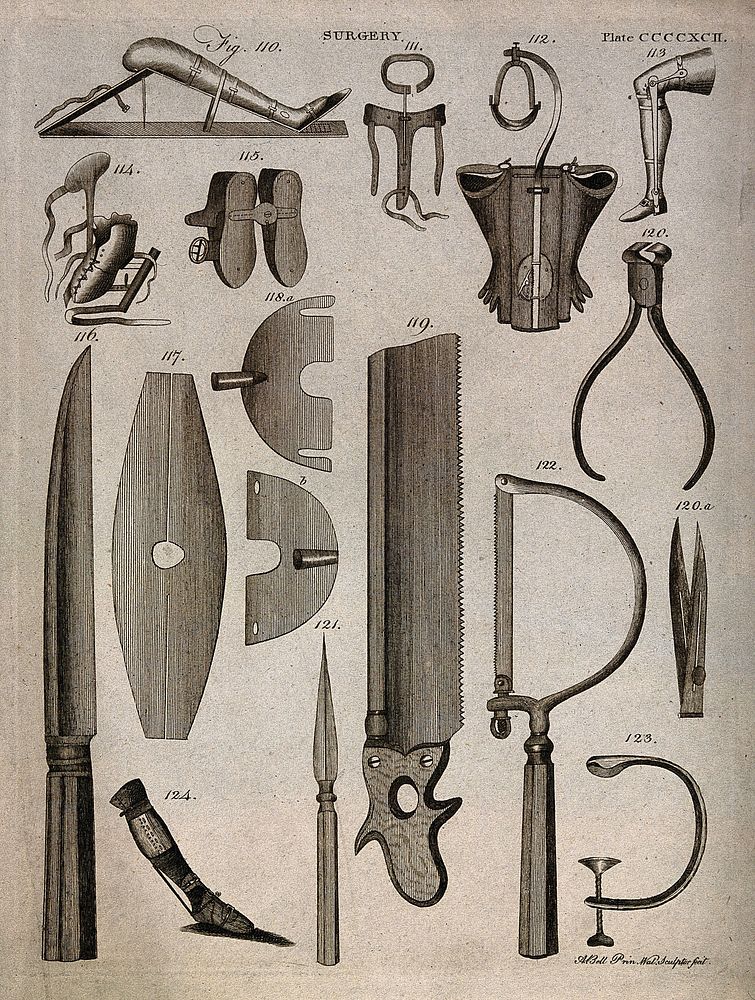Surgical instruments and protheses. Engraving by Andrew Bell.