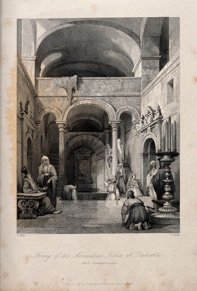 People visiting the spring of the "miraculous fishes" at Baloukli. Engraving by J. Tingle after T. Allom.