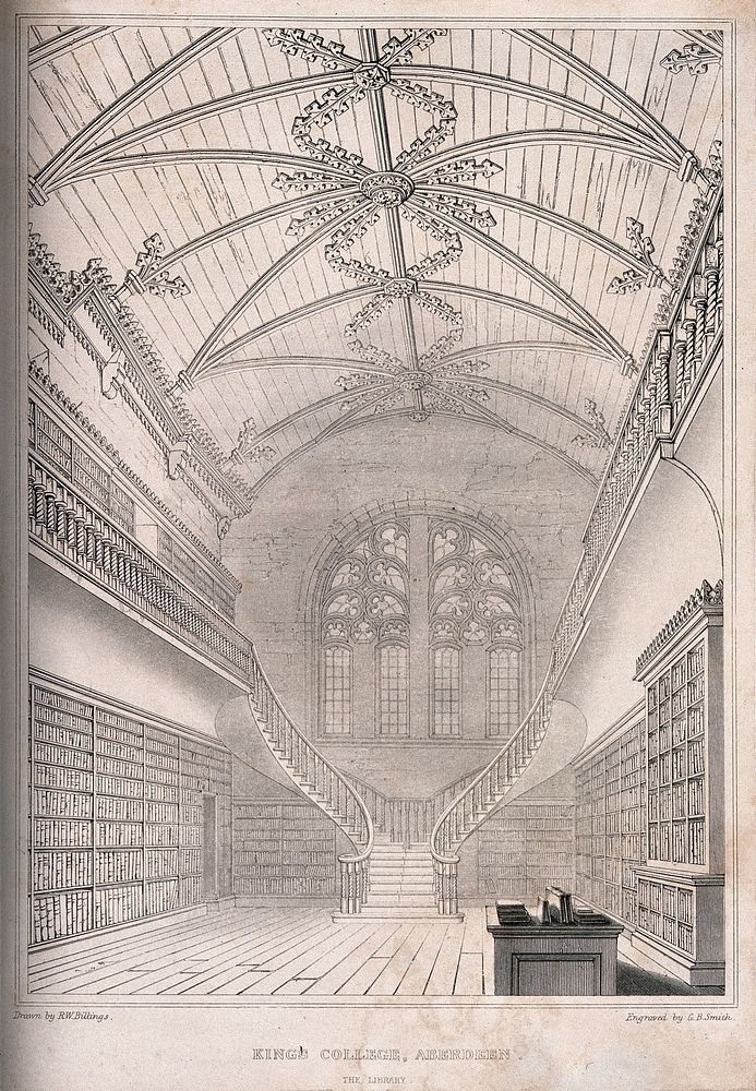 Interior of Kings College library, Aberdeen, which also shows the architectural detail of the ceiling. Engraving by G.B.…