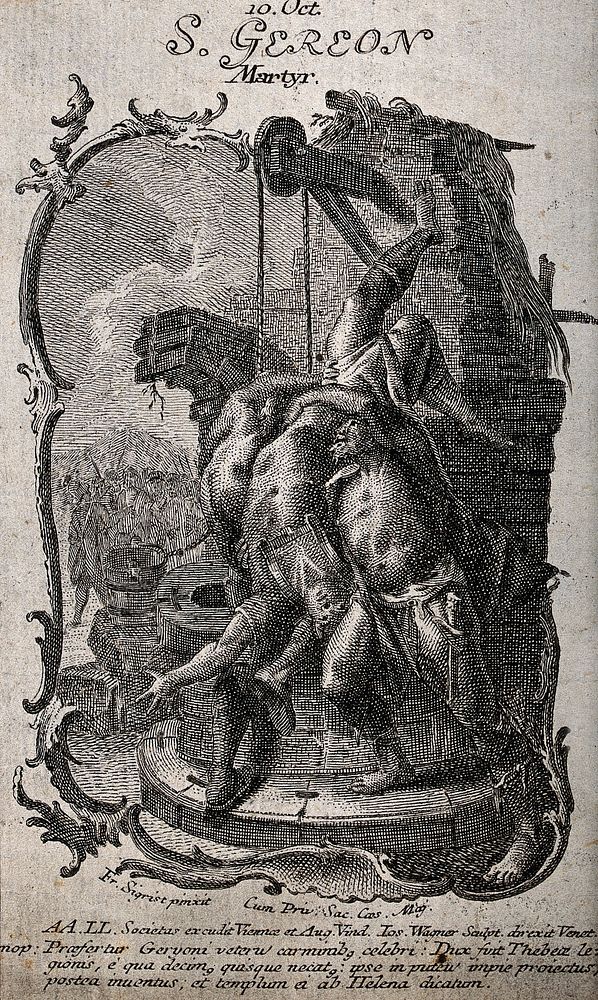 Saint Gereon being thrown into a well by two men; soldiers in the background. Engraving by J. Wagner after F. Sigrist, 17--.
