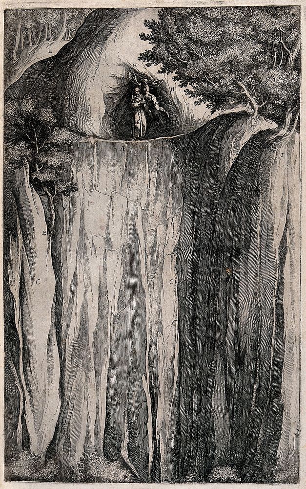 Saint Francis of Assisi tempted by the Devil on mount La Verna. Etching by R. Sciaminossi after J. Ligozzi, ca. 1612.
