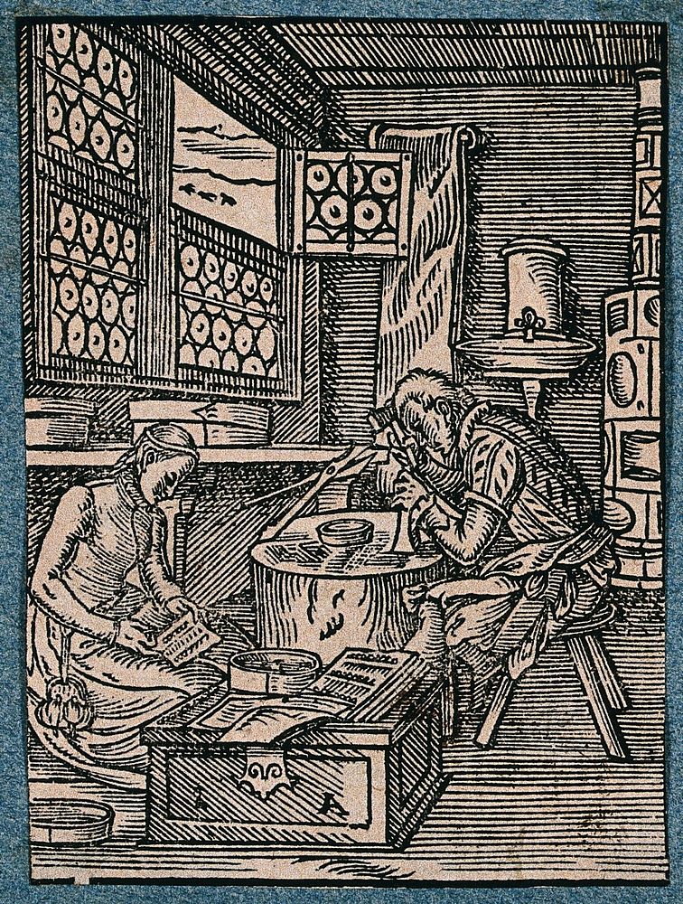 A man and a woman making pins and needles. Woodcut by J. Amman.