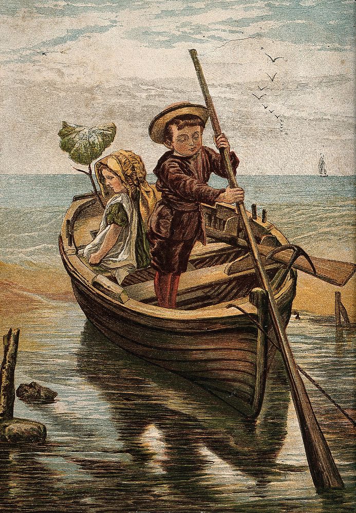 Two young children play in a boat on the water. Chromolithograph.