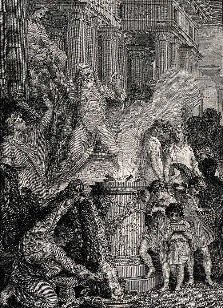Idomeneus prepares to sacrifice his son to Jupiter. Engraving by W. Skelton, 1793, after E.F. Burney.