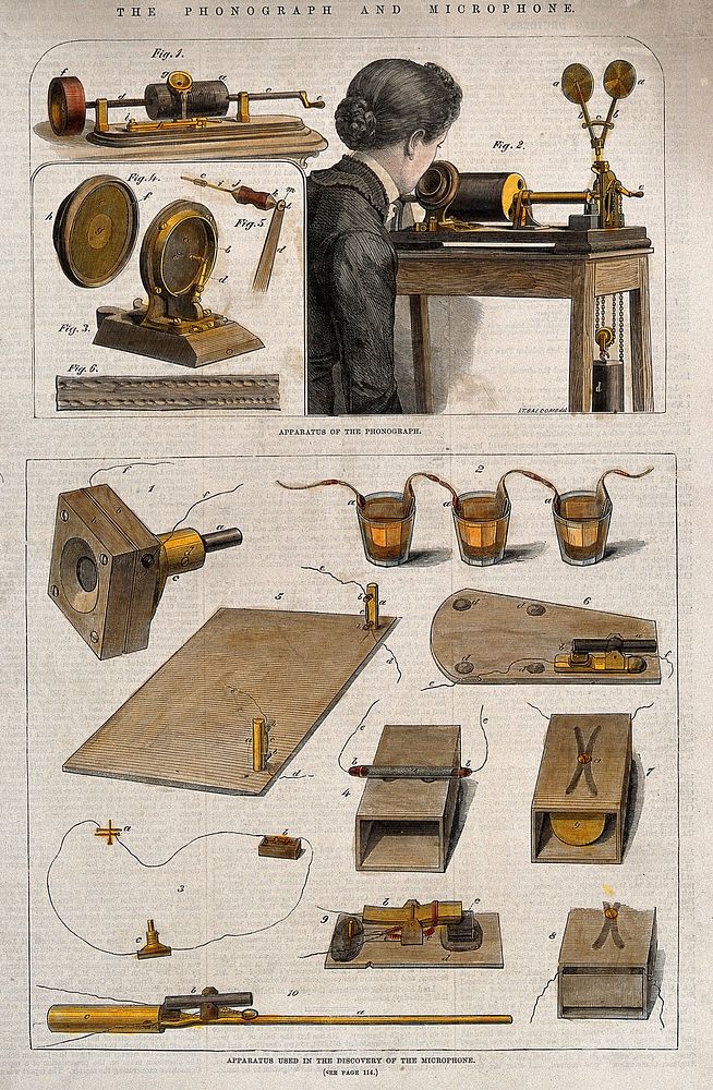 Acoustics: an Edison phonograph with a carbon microphone. Coloured wood engraving after J.T. Balcomb.