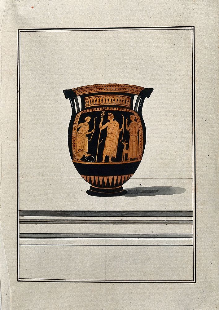 Red-figured Greek wine-mixing bowl (column-krater) decorated with two men holding bows and a woman with a dog (Artemis).…