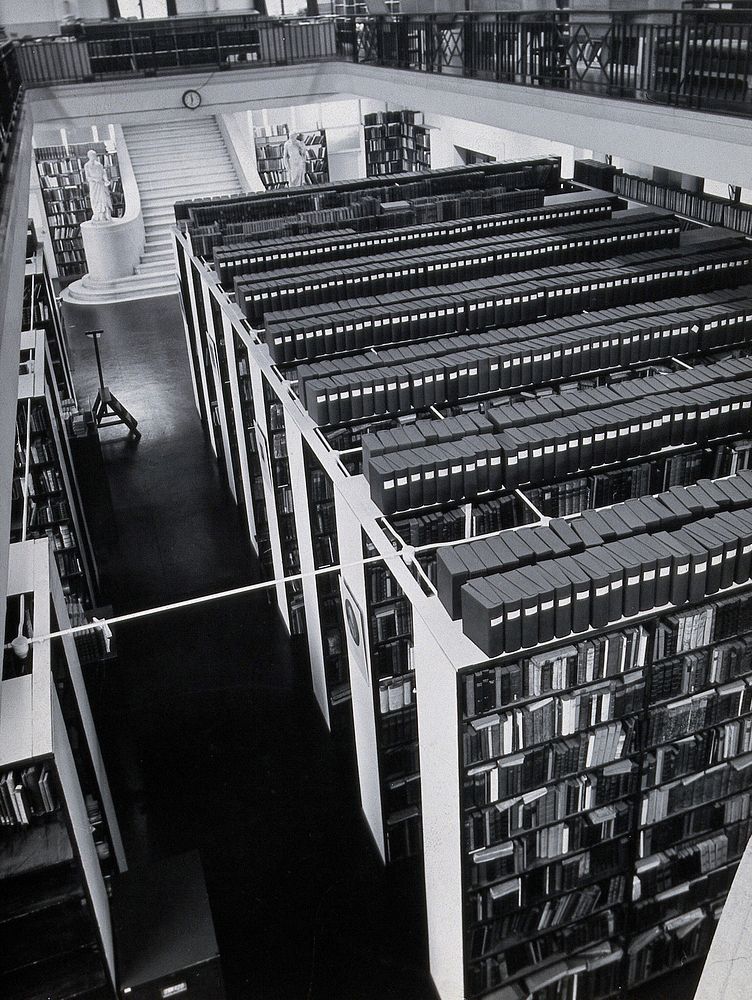 The Wellcome Building, Euston Road, London: the Hall of Statuary as adapted for the Library, c. 1960. Photograph.