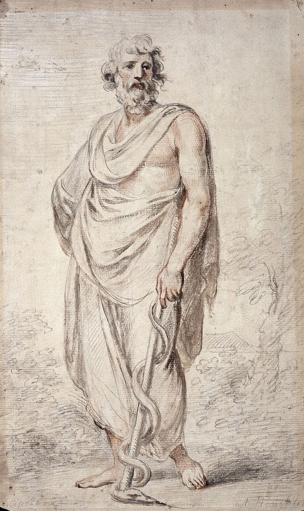 Aesculapius holding a staff encircled by a snake. Drawing by G.B. Cipriani.