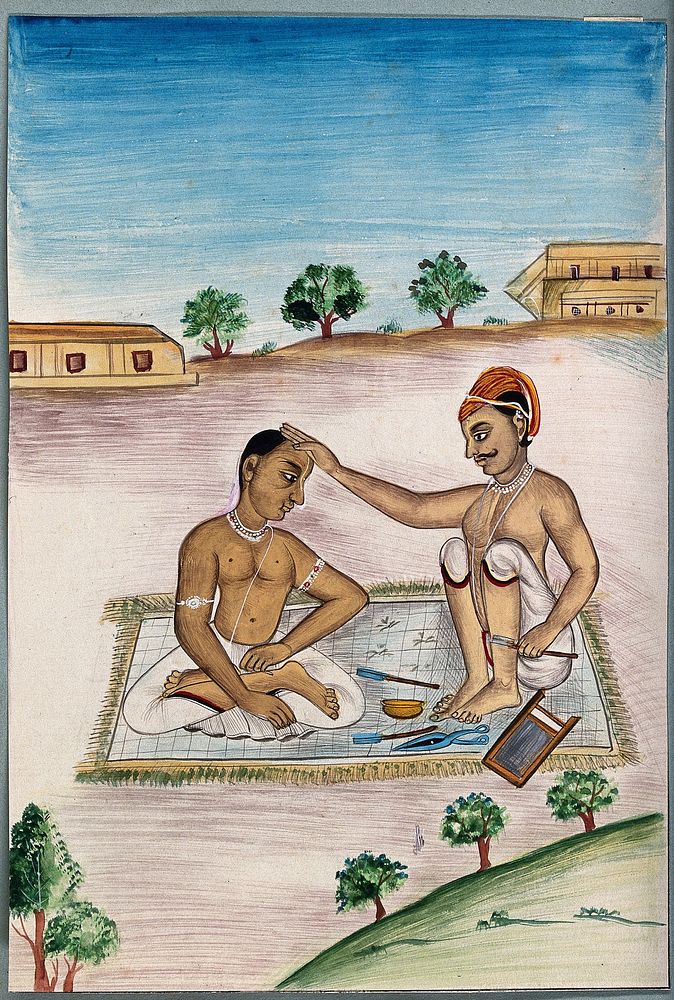 An Indian barber prepares to shave a Brahmin's head. Gouache painting by an Indian artist.