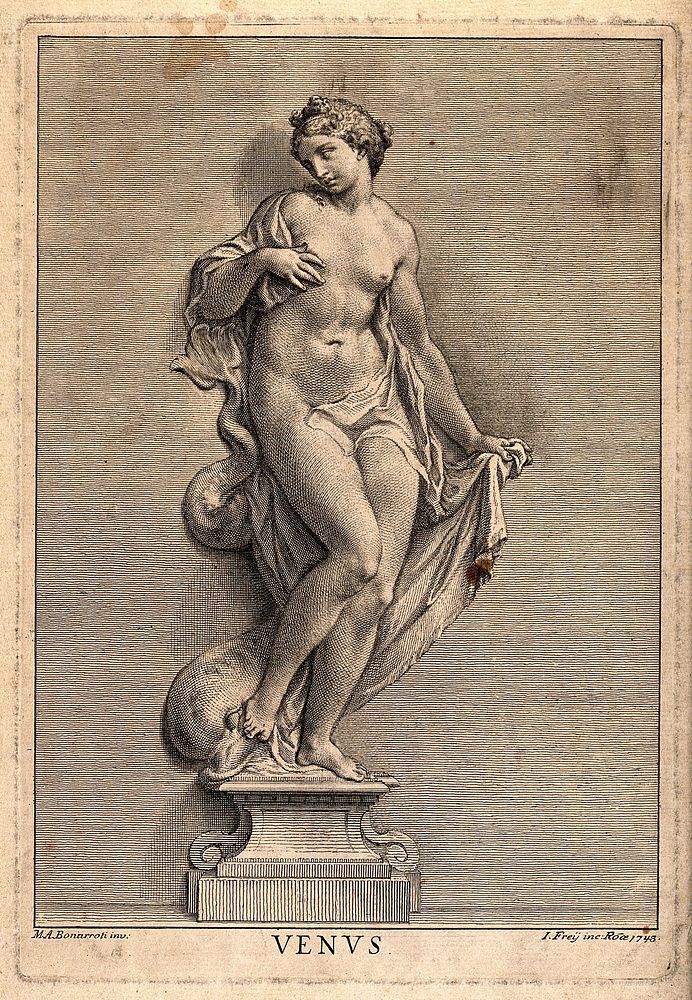 Venus [Aphrodite]. Engraving by J. Frey, 1743, after Michelangelo.
