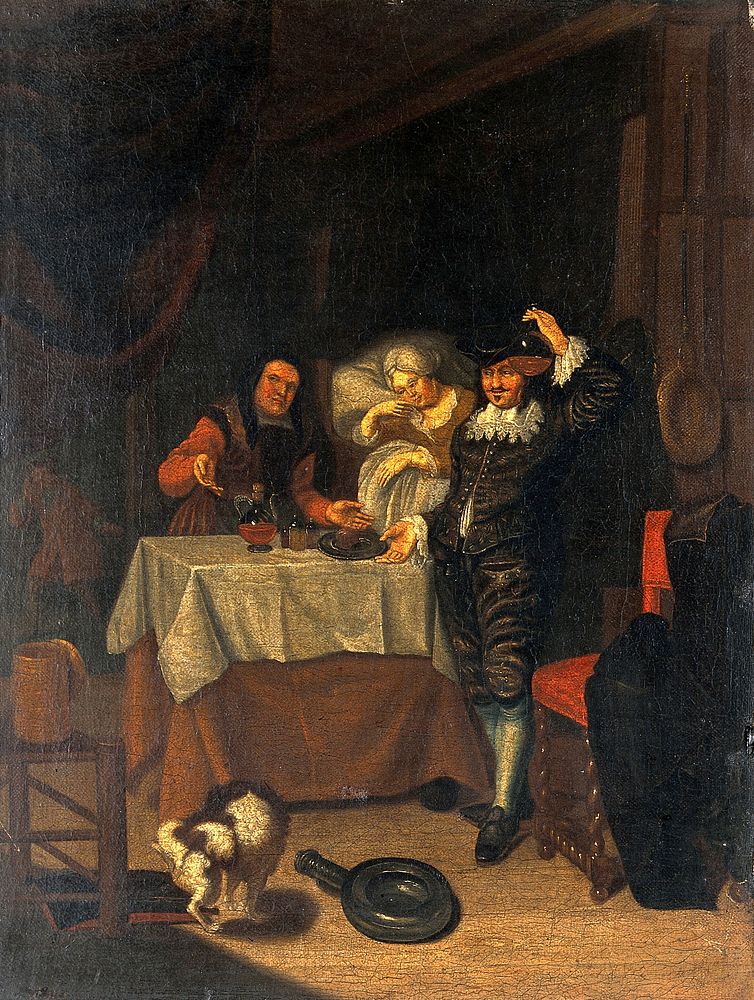 A physician examining a urine flask. Oil painting.