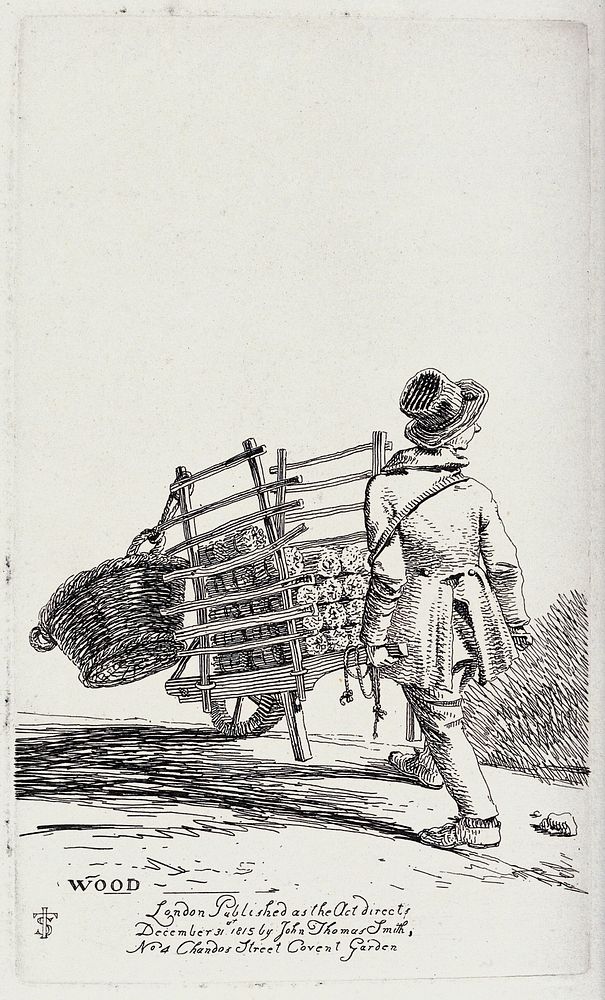 An itinerant salesman pushing the cart from which he sells wood logs. Etching by J.T. Smith, 1815.