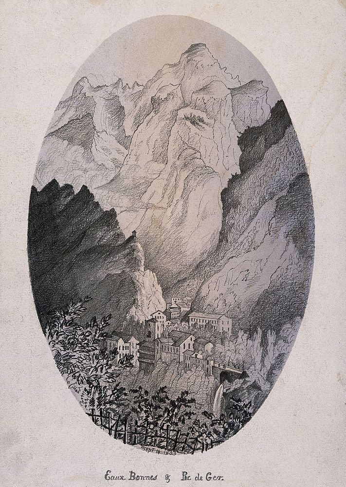 Les Eaux-Bonnes and Pic de Ger, Pyrénées, France. Pencil drawing, 1833.