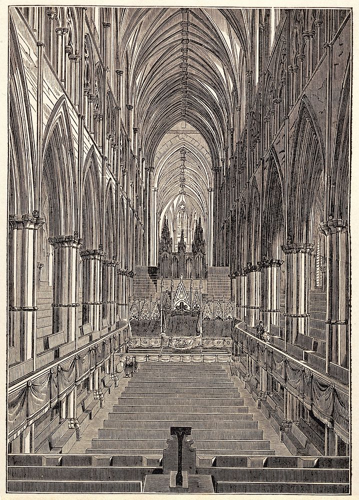 Westminster Abbey: interior looking east during the Royal Music Festival, 1834. Wood engraving by Sly and Wilson, 1843.