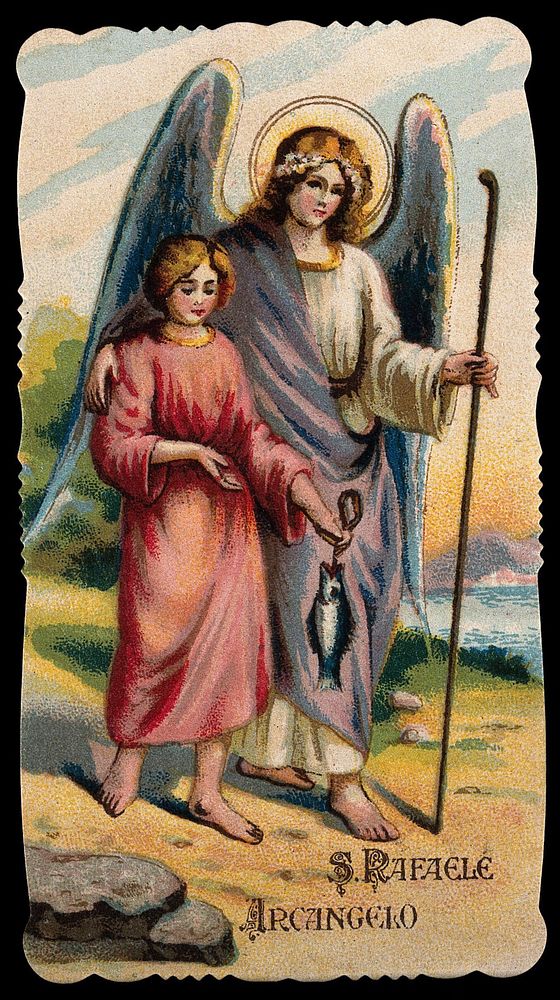 Saint Raphael the Archangel. Colour lithograph.