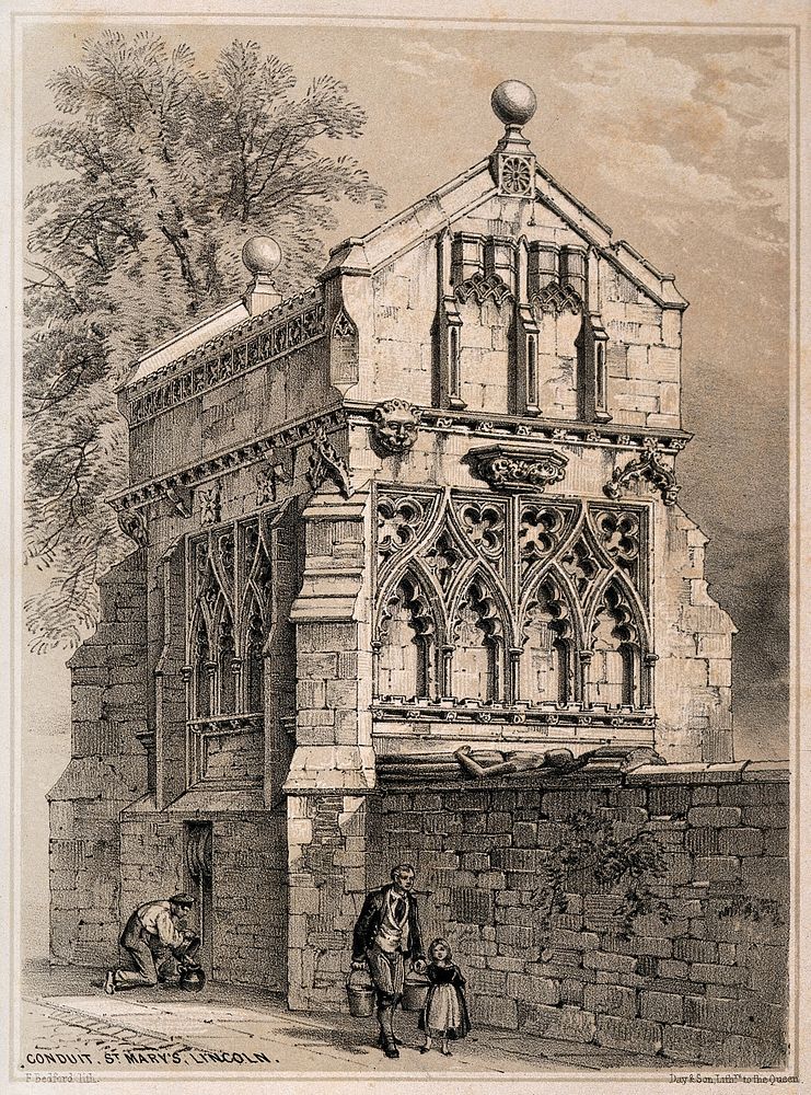A water conduit, St. Mary's, Lincoln, England. Tinted lithograph by F. Bedford.