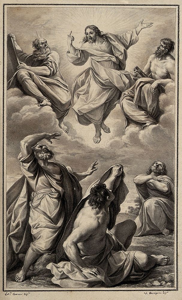 The transfiguration of Christ. Drawing by F. Rosaspina, c. 1830, after L. Carracci.