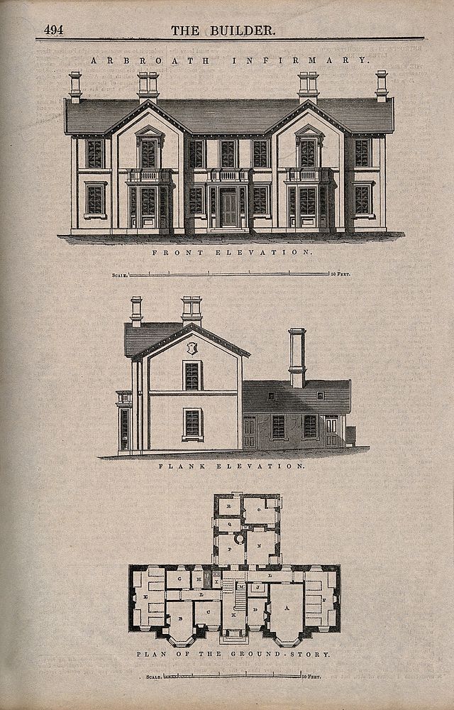 Facade, flank elevations and plan of ground floor of Arbroath Infirmary. Wood engraving.