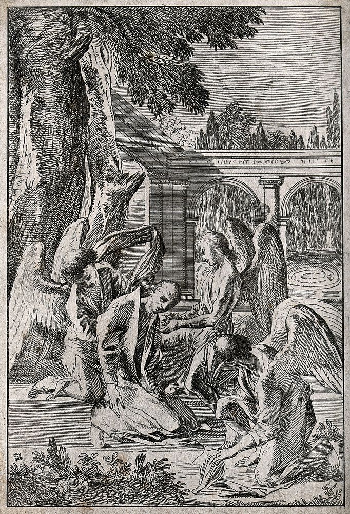 Three angels administering to an old man. Etching.