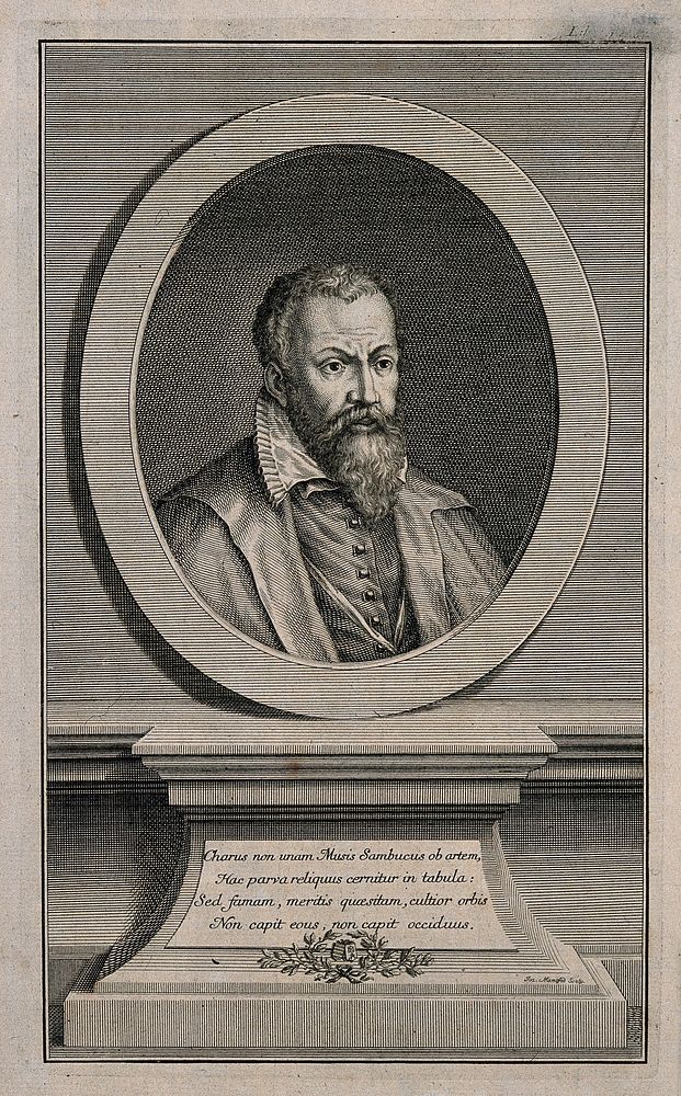 Johannes Sambucus. Line engraving by J. Mansfeld.