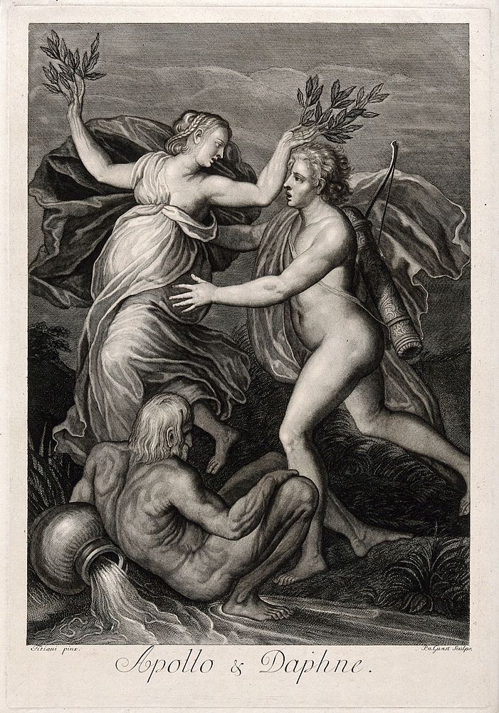 Apollo and Daphne. Engraving by P.S. van Gunst after Titian.