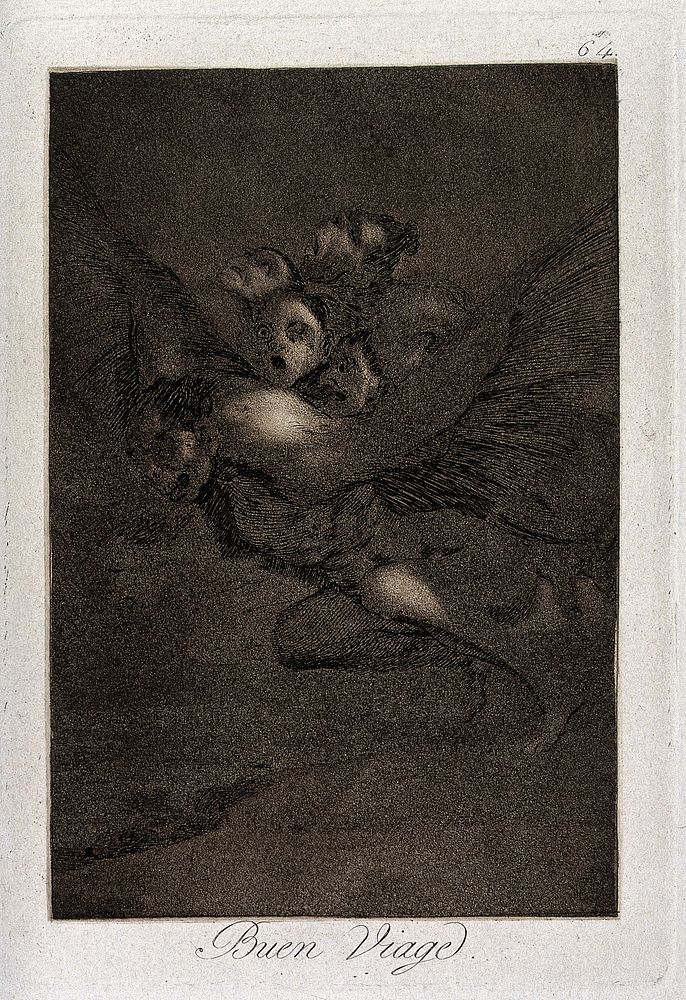 A winged figure carrying witches and monsters through the air. Etching by F. Goya, 1796/1798.