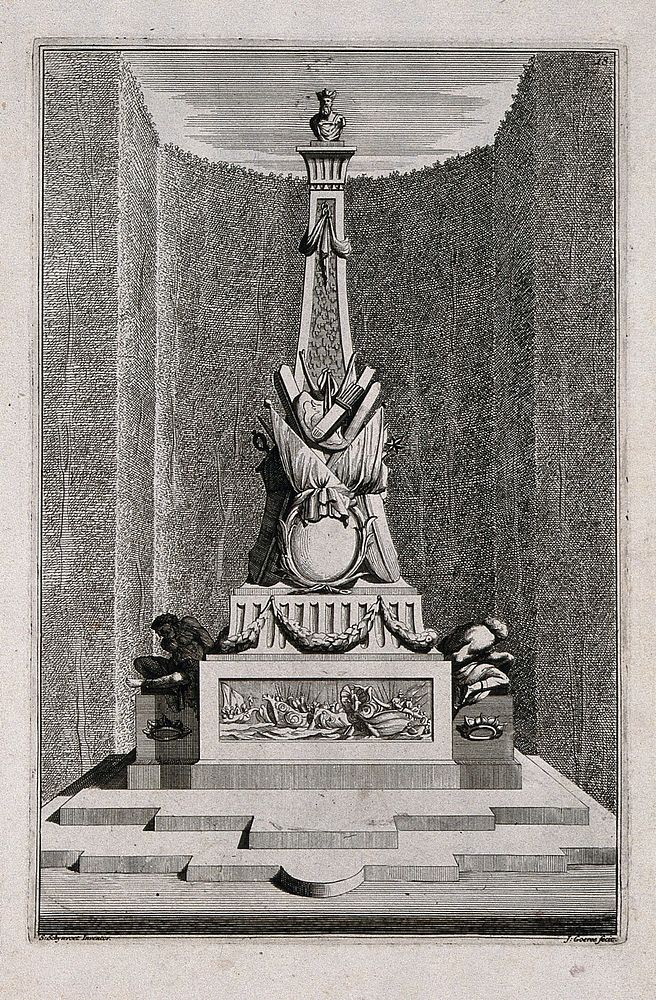 An ornate garden obelisk with a fleet of battle-ships carved on the base. Etching by J. Goeree after S. Schynvoet, early…