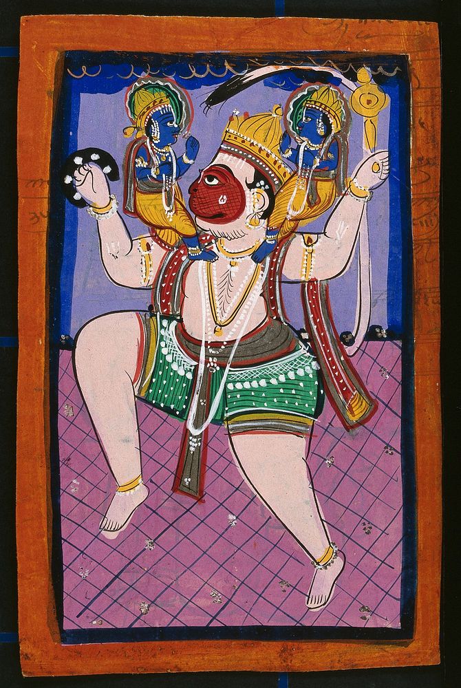Hanuman carrying Rama and Lakshman. Gouache drawing.