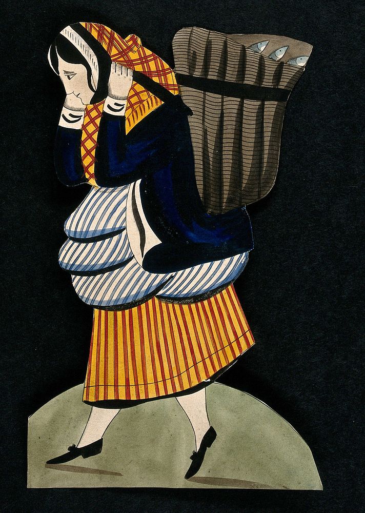 A woman carrying a large sack of fish on her back. Coloured engraving.